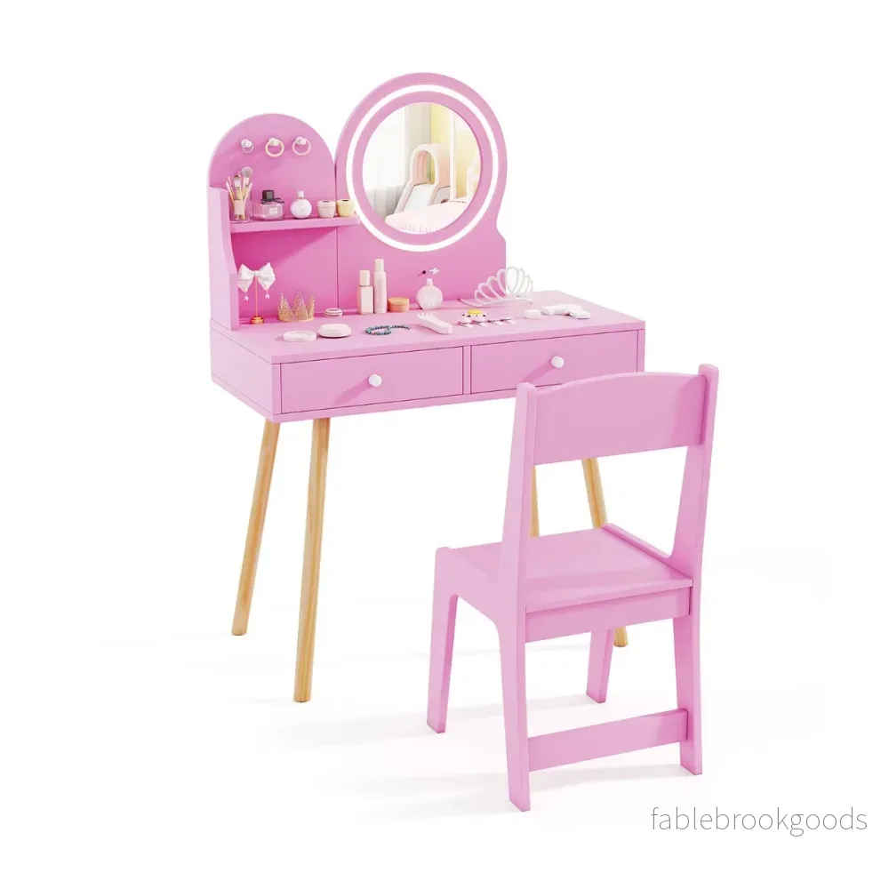Sminkbordsset – för barn med upplyst spegel Kosmetikbord och stolset prinsessmotiv – Rosa