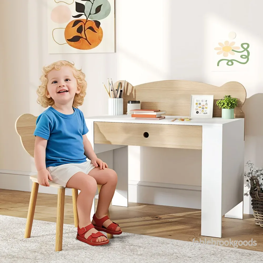 Barnskrivbordsset, björnformat arbetsbord och stol med låda, för skrivning och pyssel, 3-8 år, naturligt trä - Bild 2