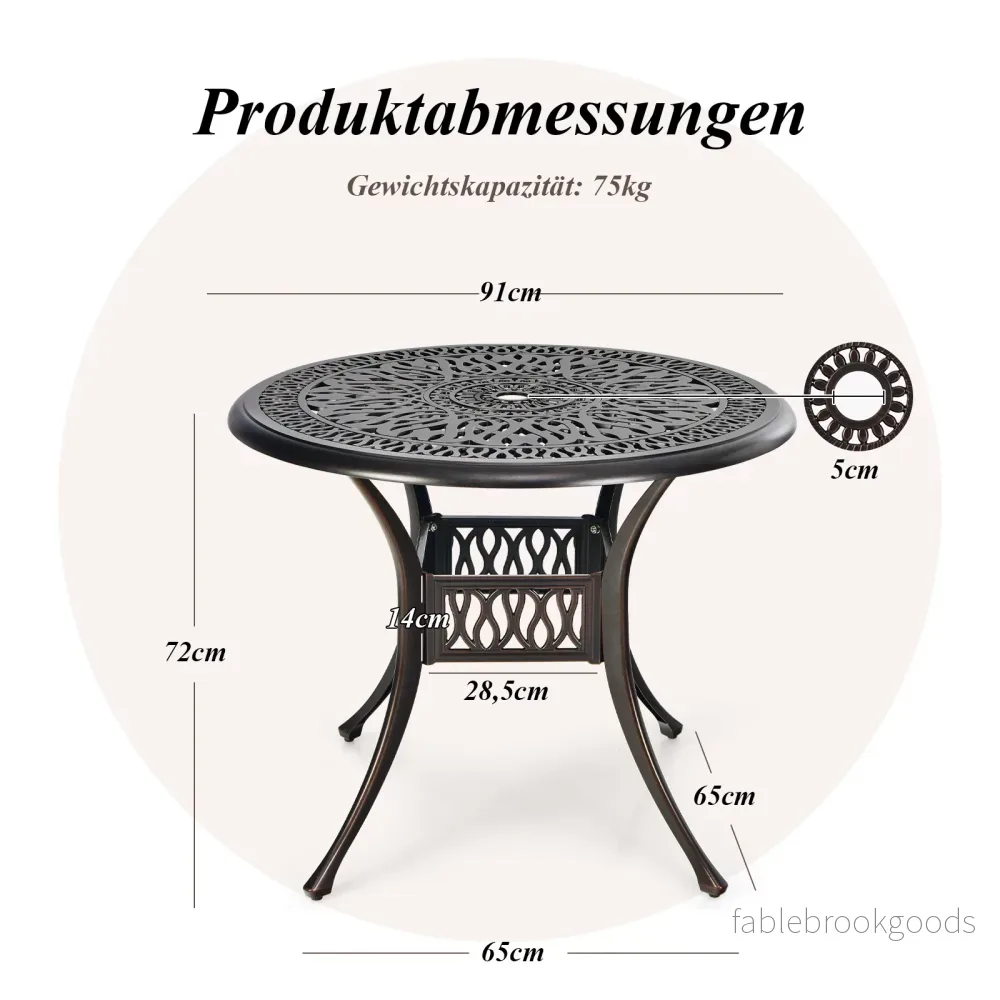 Trädgårdsbord – med parasollhål runt balkongbord i aluminiumgjutning väderbeständigt terrassbord för – Ø 90 cm 90 x 90 x 72 cm – Kopparröd - Bild 2