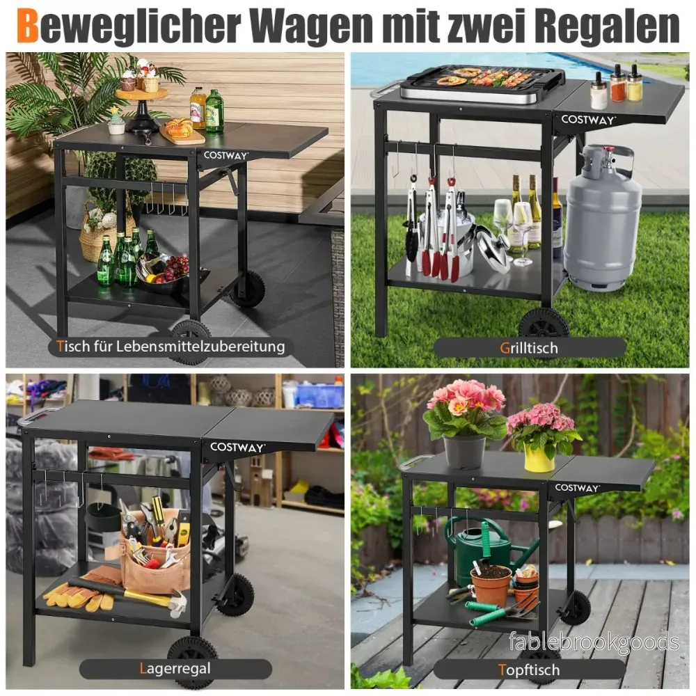 Grillvagn – med hopfällbar bordsskiva och hyllor krokar Flyttbart campingbord – 2 4 – Svart - Bild 2