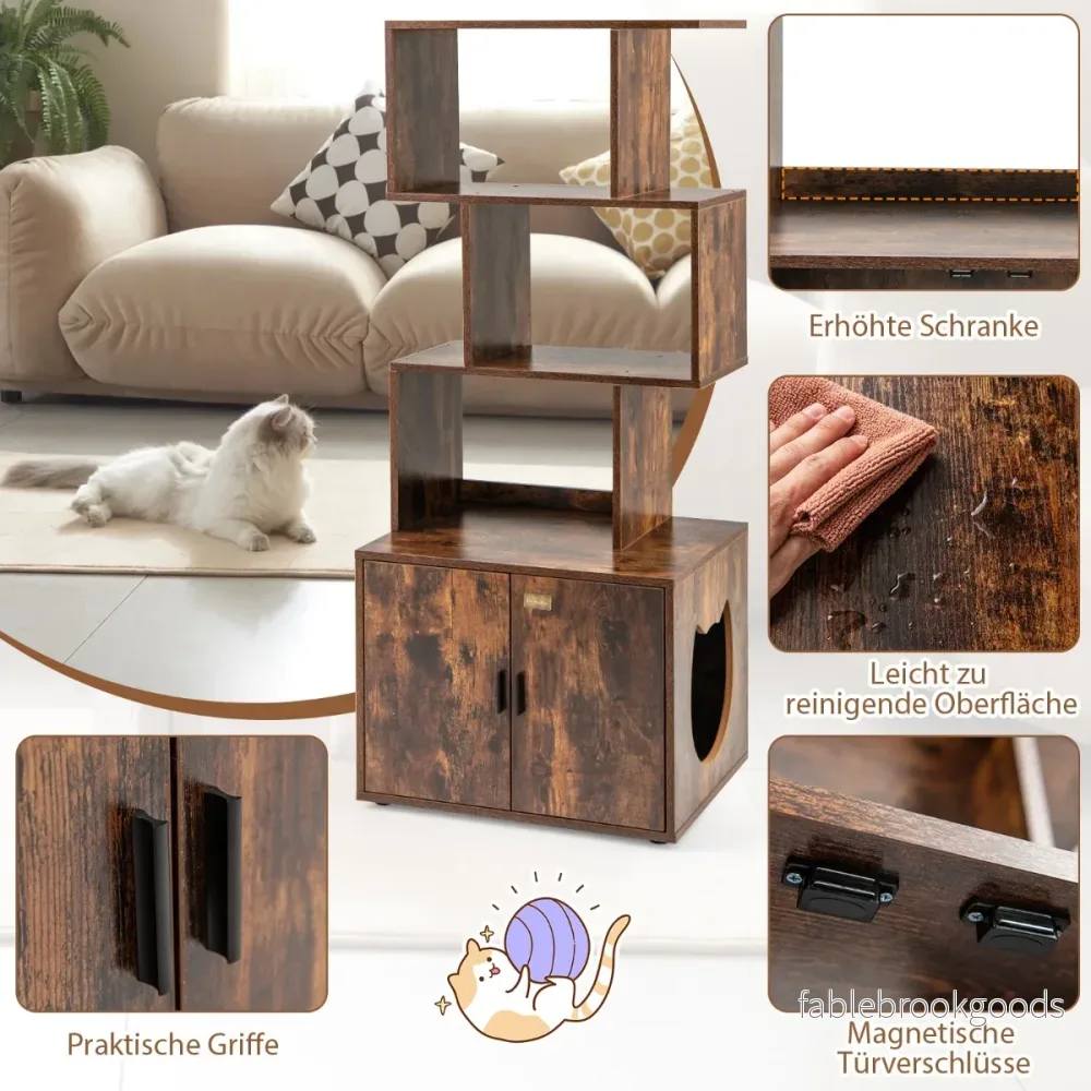 Kattenskåp – med bokhylla kattlåda för katttoalett – 60 x 45,5 x 142 cm – Rustik brun - Bild 3