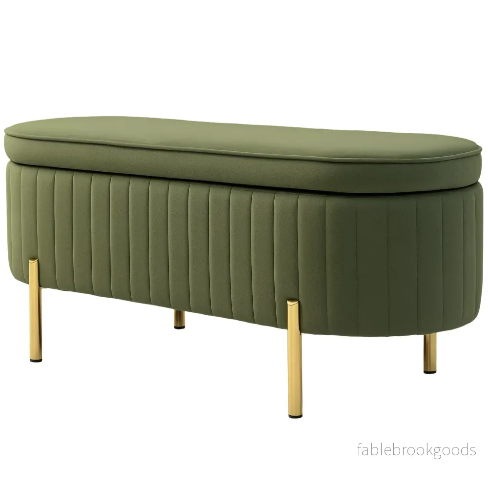 Förvaringsbänk i grön sammet med guldben, 19 gallon kapacitet