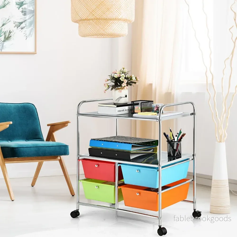 Vagn – med stapelbara lådor och metallram hyllor Rullbehållare – 4 – Färgglad - Bild 2