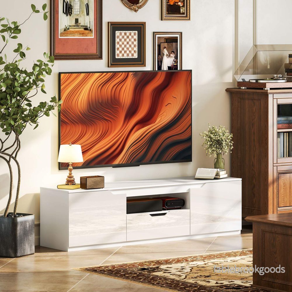 Vitt TV-skåp – 160cm Lowboard, 2 dörrar, låda - Bild 2
