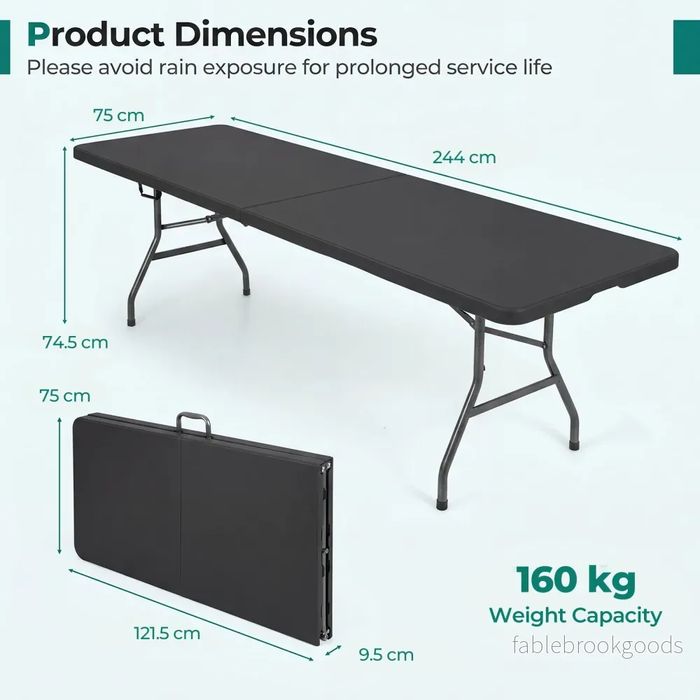 Vikbart – trädgårdsbord cm, XXL campingbord med bärhandtag för personer – 244 x 75 10 - Bild 2
