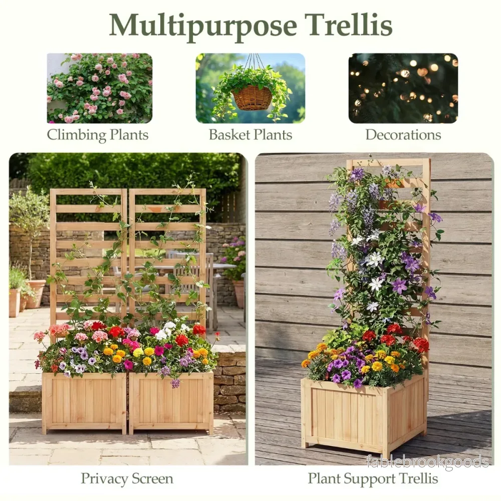 Trä – Förhöjd Odlingslåda med Rankställning för Klätterväxter Plantlåda Dräneringshål och Öppningar Naturfärgad – Natur - Bild 3