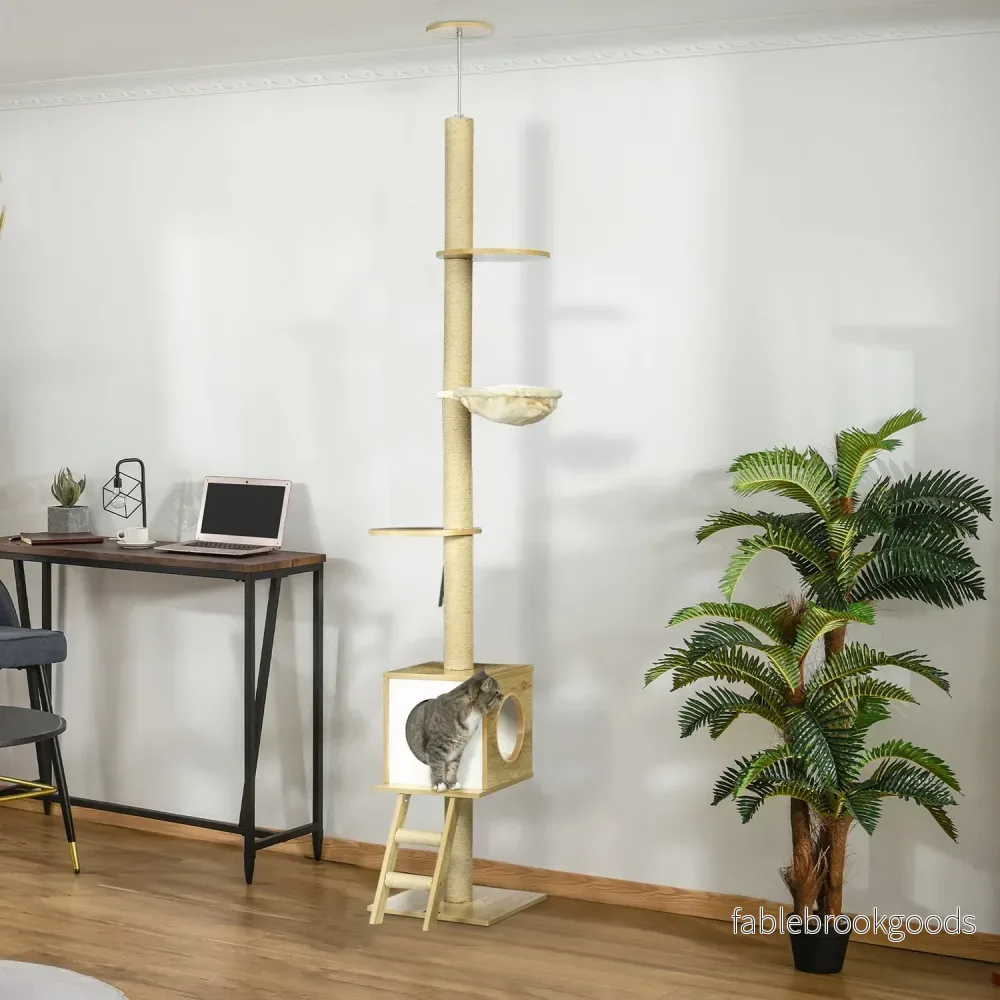 Kattskrapstolpe med högt i tak med hus och hängmatta - Bild 2