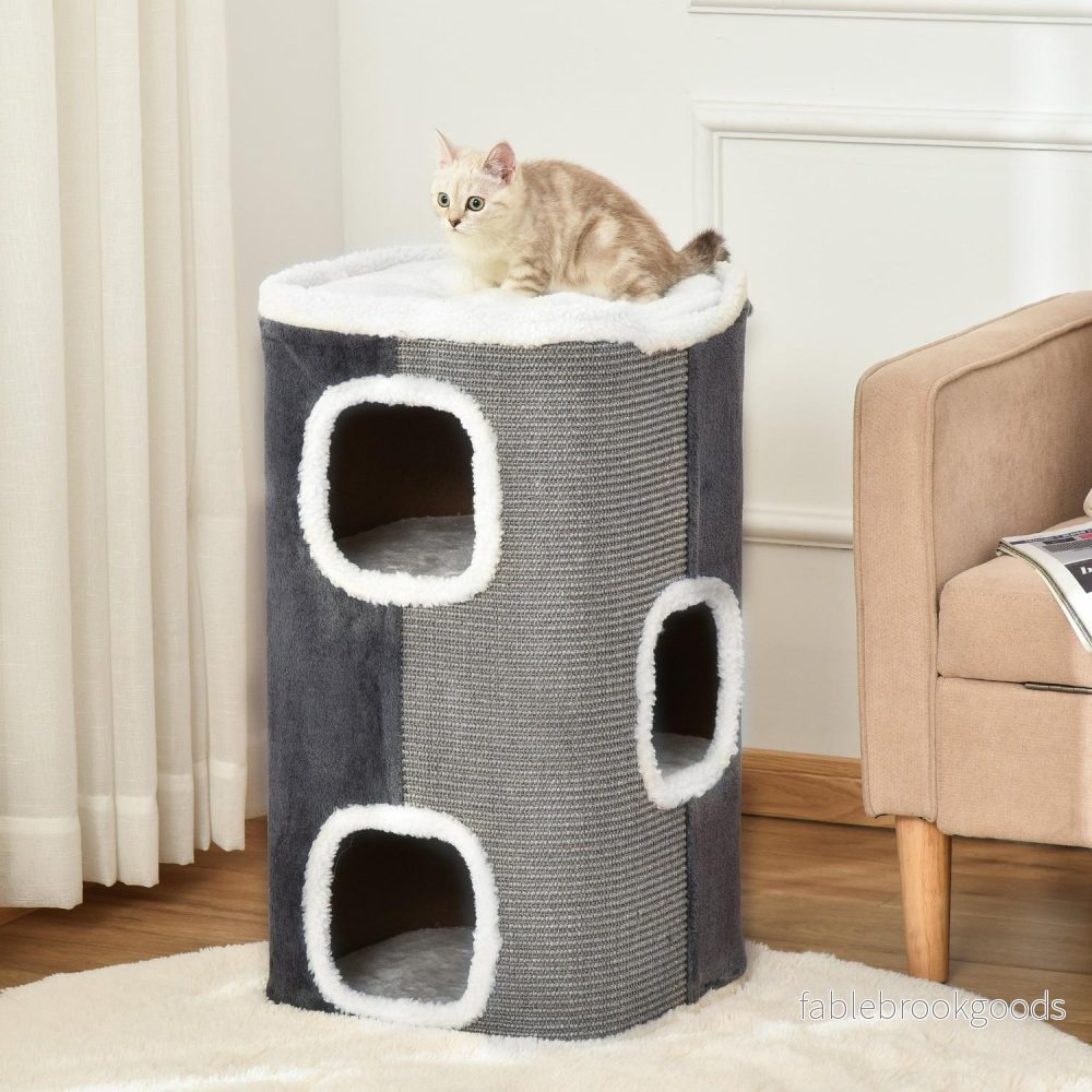 Kattträd med 3 nivåer, sisal & sammetslen tyg, grå/vit - Bild 2