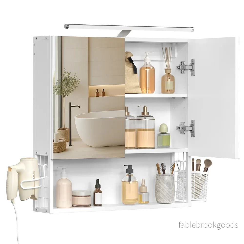 Spiegelkast – 2 Spiegeldeuren – Met Verlichting – Met Stopcontact – Wolkenwit Spiegelkast – 2 Spiegeldeuren – Met Verlichting – Met Stopcontact – Wolkenwit
