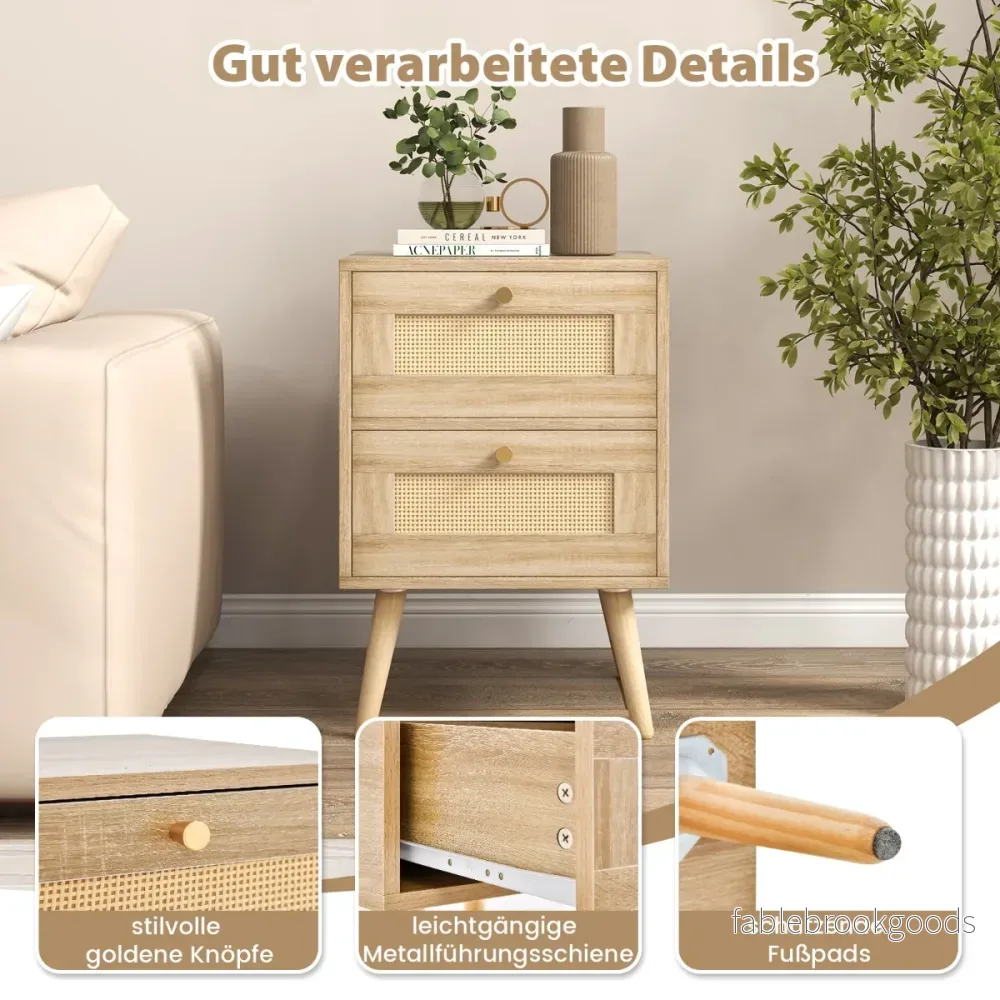 Set – med nattduksbord i rotting i boho stil lådor och sängbord ben i massivt – 2 2 – Natur - Bild 2