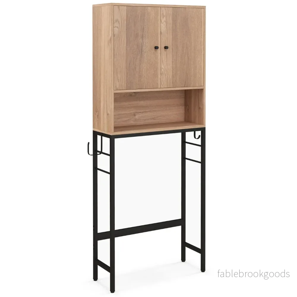 Toalettskåp – fristående toaletthylla med dörrar och krokar – 2 2 63 x 23 x 165,5 cm – Natur