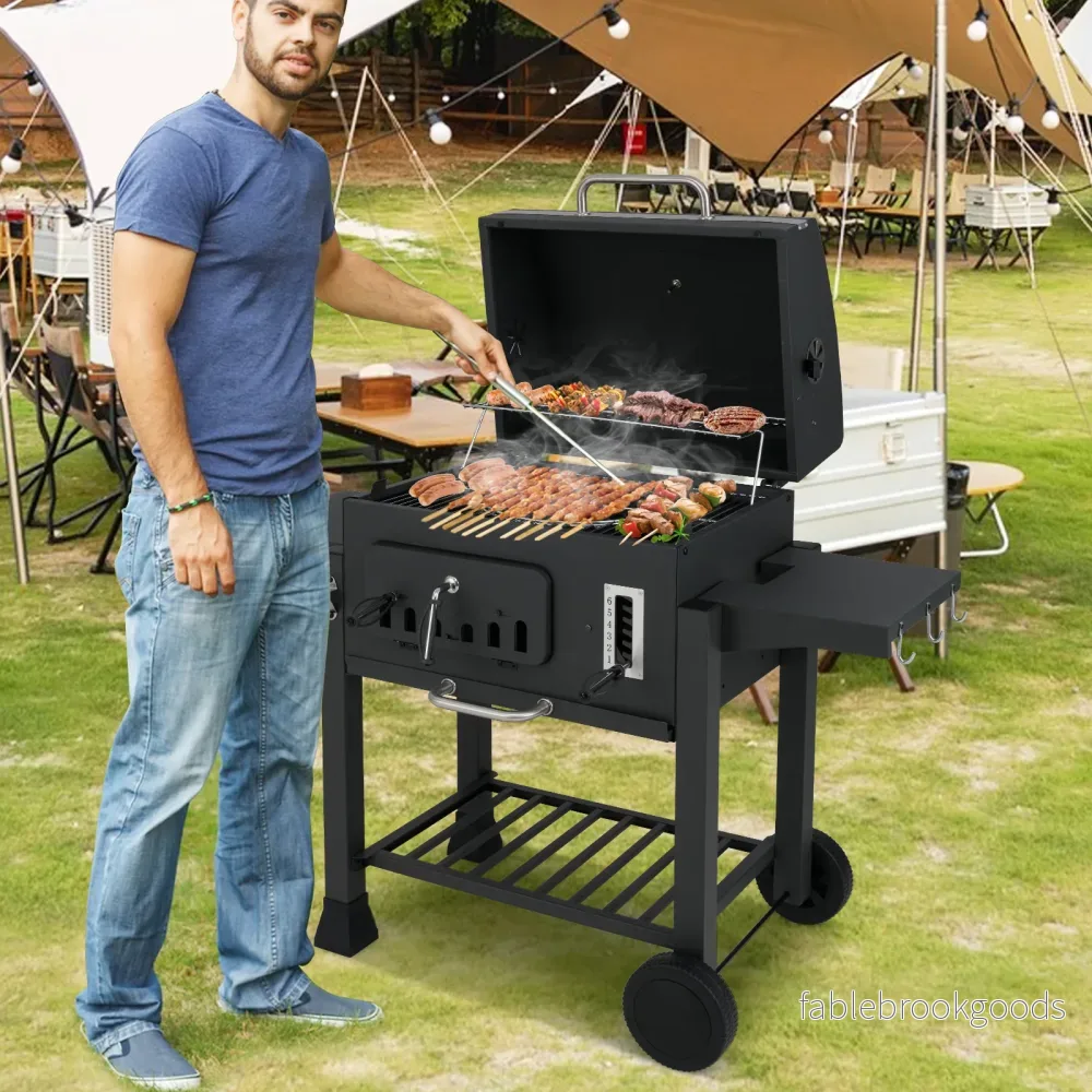 Fass – Holzkolsgrill med fällbara sidobord Utomhusgrill förvaringsfack och hjul – 2 – Svart - Bild 3