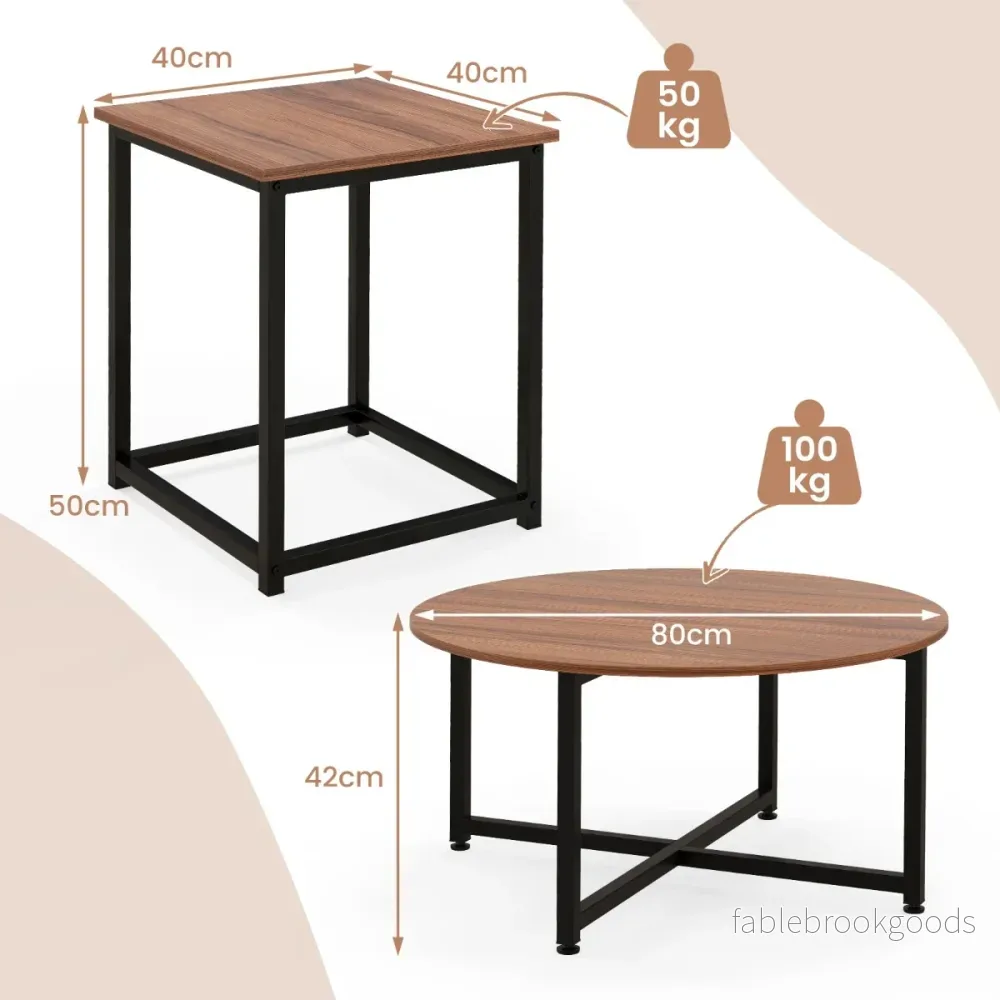 Set – med soffbord robust metallram, runt och fyrkantiga sidobord – 3 2 – Brun - Bild 3