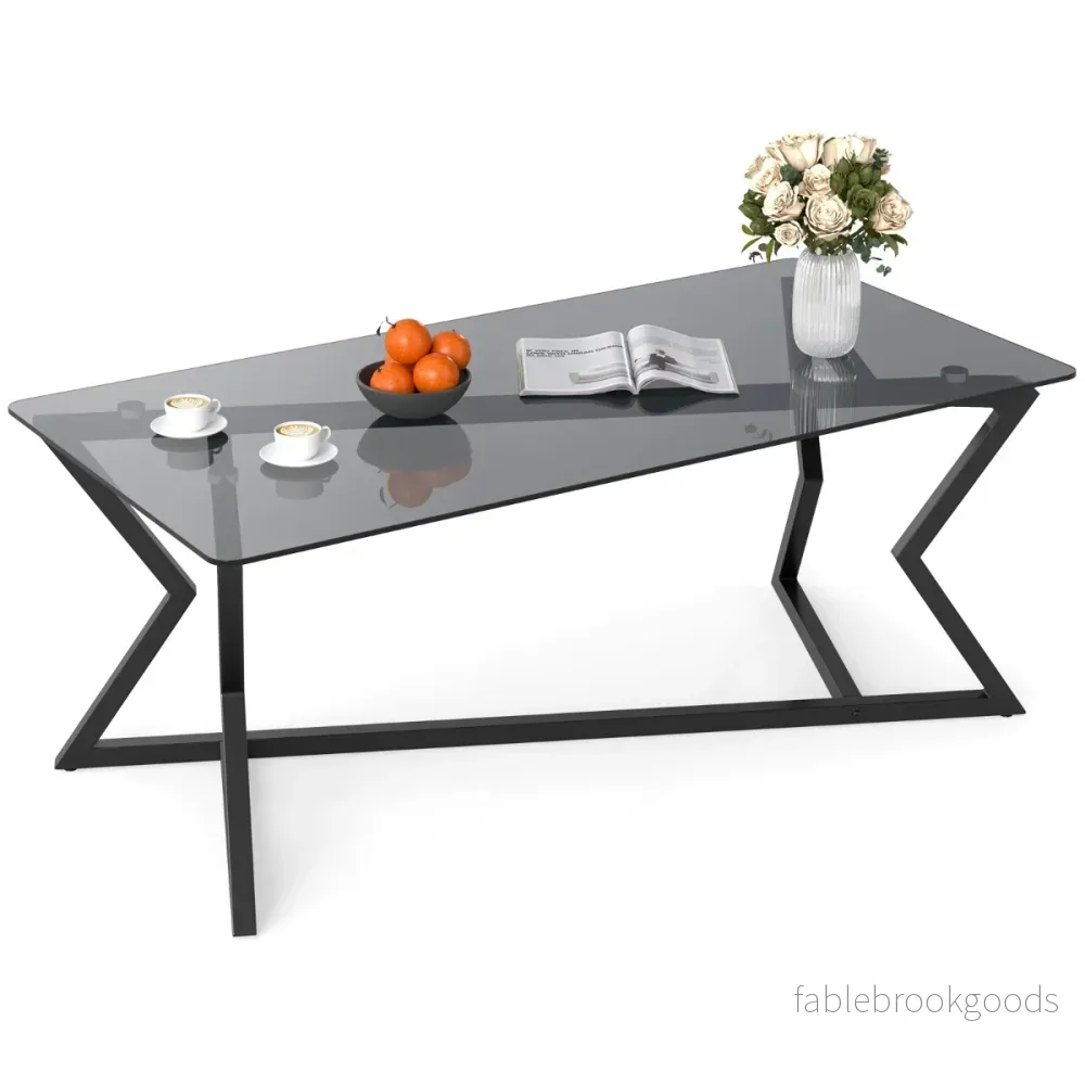 Rektangulär – soffbord med härdat glasplatta och geometriskt metallställ, modern glasbord – Svart