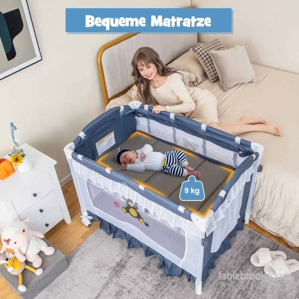 i – babysäng och resesäng lekhage Hopfällbar barnsäng med madrass himmelssäng – 4 1 – Grå - Bild 2