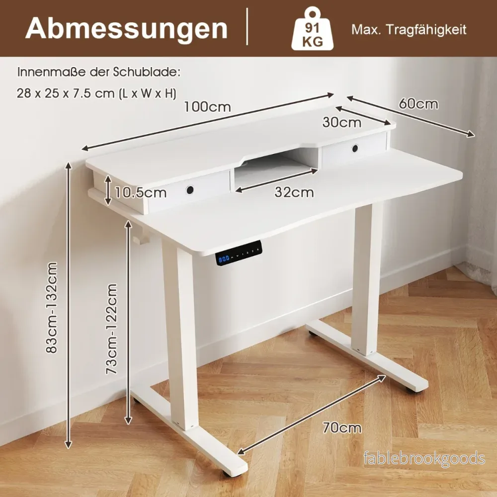 Höj – och sänkbar skrivbord med monitorställ lådor krokar datorbord – 2 – Vit - Bild 2