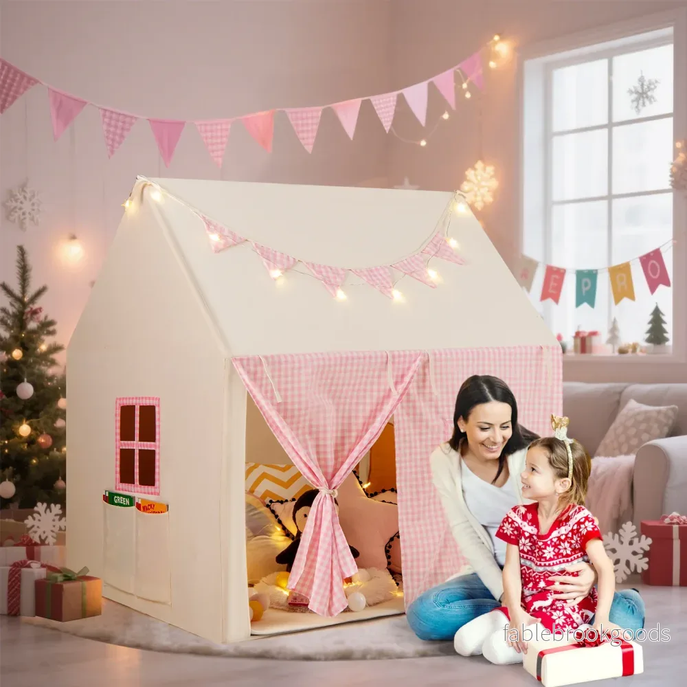 Barntält – med matta och lampor flaggbanner fönster Barnlekhus Lektält – Rosa - Bild 3