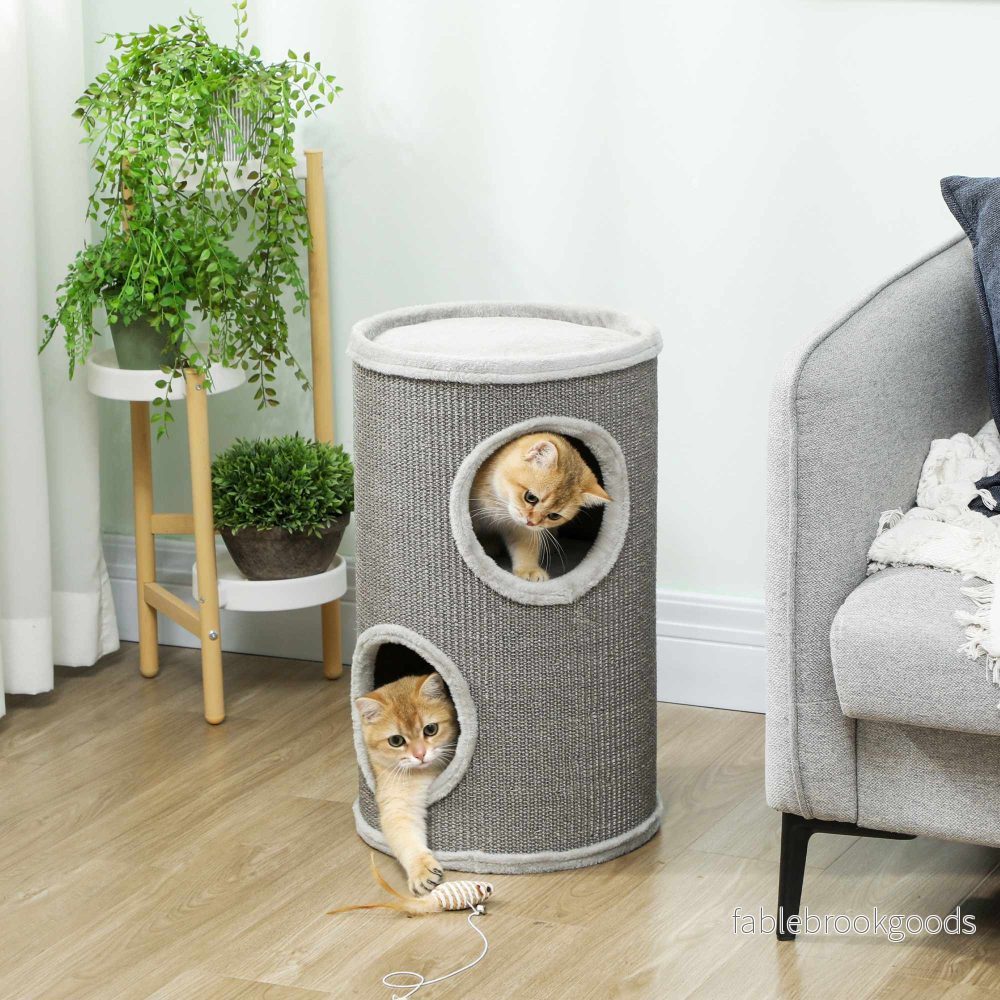 Klöstorn för katt, 2 våningar, sisal och plysch, ljusgrå - Bild 2