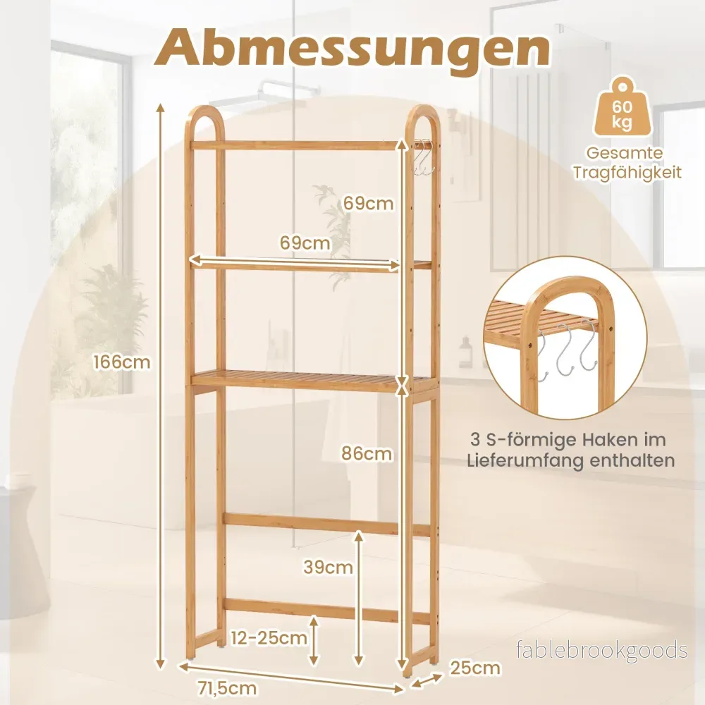 stegs – toalettställ i bambu, badrumshylla, fristående toalettsskåp med krokar, – 3 3 71,5 x 25 x 166 cm – Natur - Bild 2