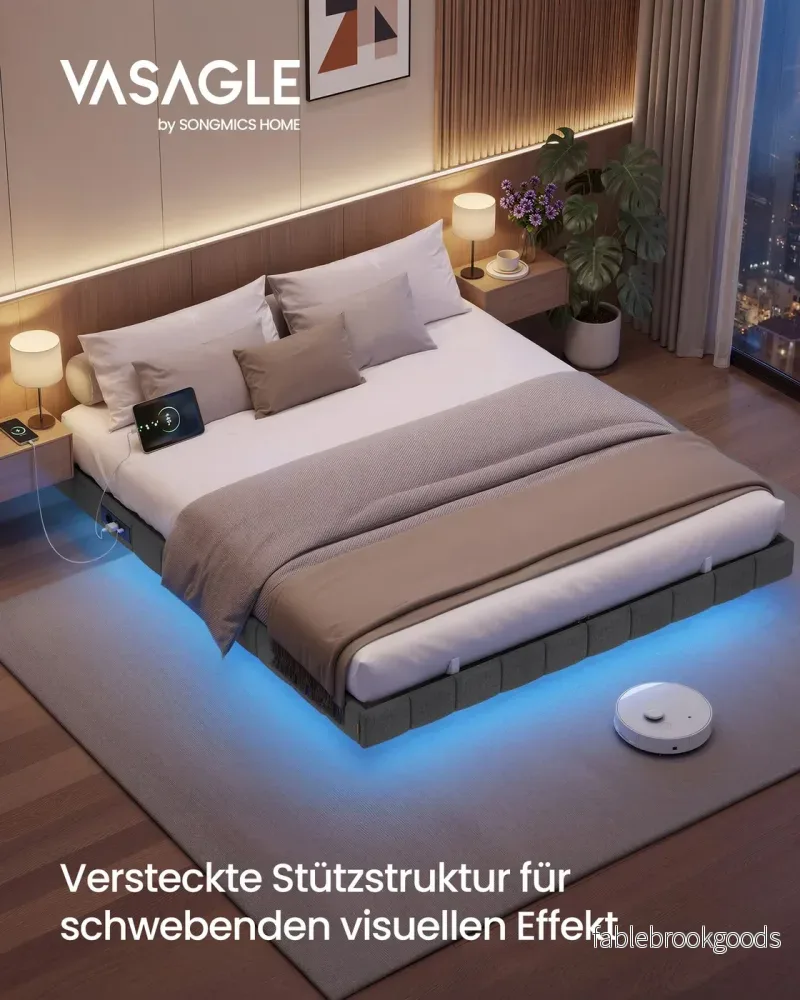 Bedframe - 200 x 160 x 26 cm - zwevend effect - ledverlichting - gestoffeerde zijpanelen - 2 stopcontacten - 2 USB-A-poorten - 1 USB-C-poort - leigrijs - draagvermogen tot 500 kg - Bild 2