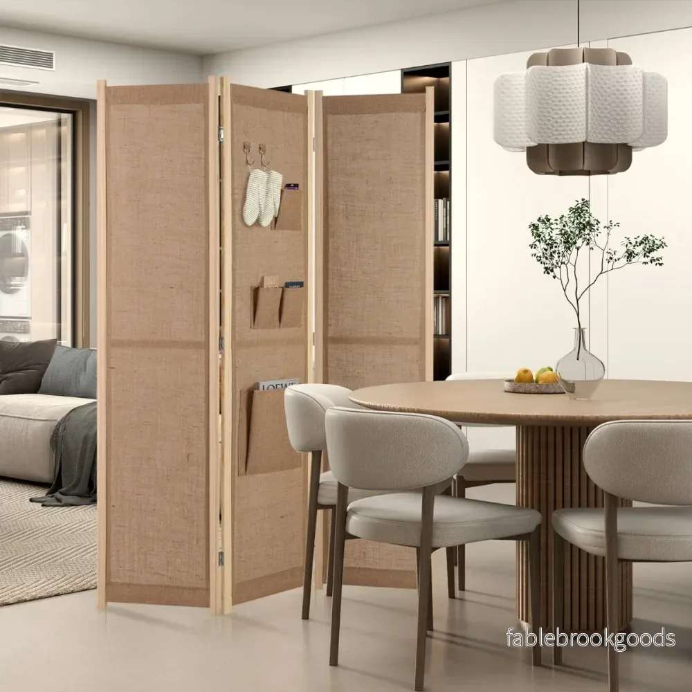 Paravent – med krokar och förvaringsfickor rumsavdelare skiljevägg – 2 4 170 x 121 cm – Natur - Bild 3