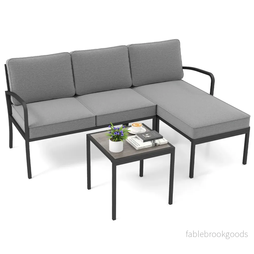 Trädgårdsmöbel, – delat balkongmöbelset med tvåsitssoffa, L formad och soffbord, grått – 3