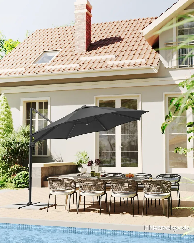 Parasol Ø300 cm - UPF 50+ - Med vev och korsfot - grå - Bild 2