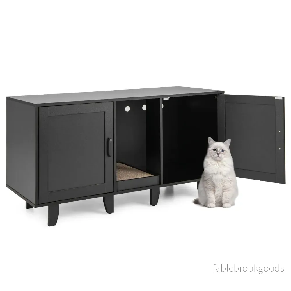 Kattkabinet – för Katttoalett med Kratzbräda och Dörrar Ingang – 2 120 x 52 x 65 cm – Svart