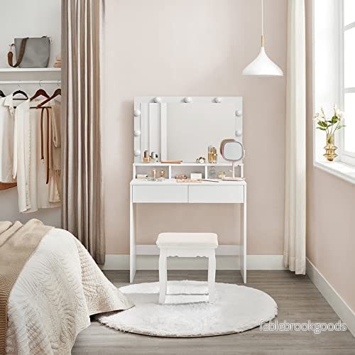 Sminkbord – 9 LED-lampor – 2 lådor och 3 fack – Vit - Bild 3