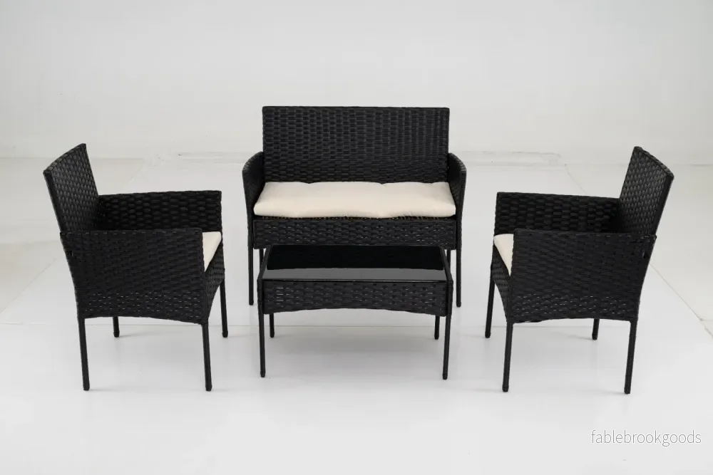 Rattangårdsmöbler – set med stolar, bänk, bord och kudde, sittgrupp, trädgårdsmöbler – 2 – Beige