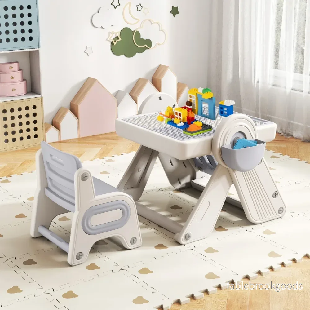 i – Byggklossbord och Staffli Set med Vändbar Bordskiva Konststaffeli Spelbord – 6 1 – Grå - Bild 3
