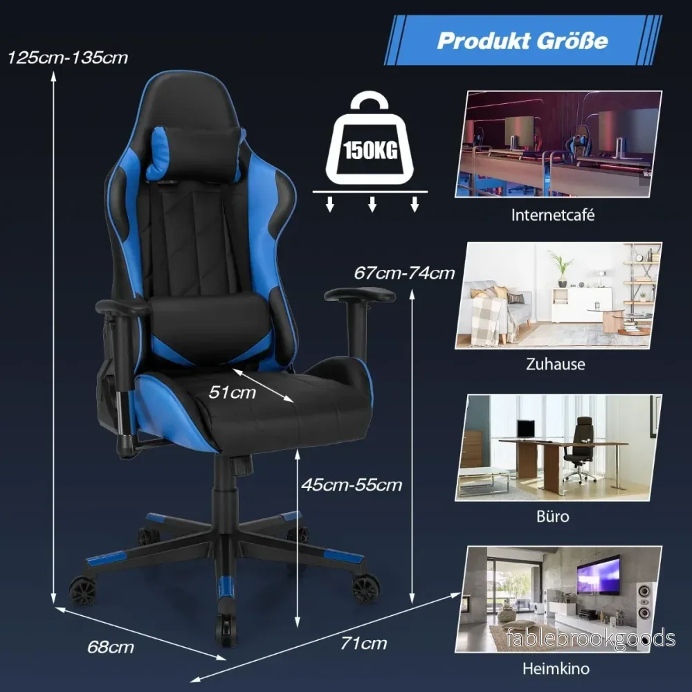 Gamingstol – Racing Style Snurrstol med nackstöd och ländryggskudde 90° 160° Justerbar lutningsvinkel – Blå - Bild 2