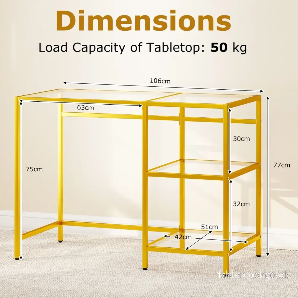 Skrivbord – Datortisch med härdat glasplatydd Skyddsglasställ Gyllen – Guld - Bild 2