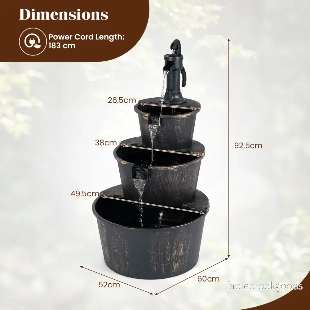 3‑stegs – trädgårdsfontän med pump, realistisk träfatsdesign – 52 x 60 x 92,5 cm - Bild 2