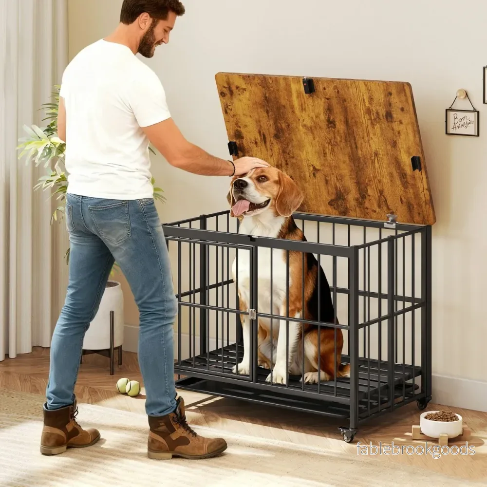 Hopfällbar – hundkoja med utdragbar bricka, hjul och låsbar dörr i sidobord Hundbur – 2 1 – Rustik brun - Bild 3