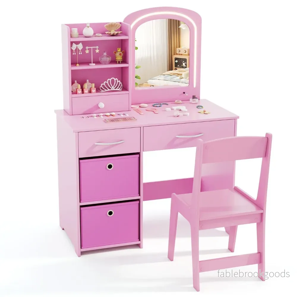 Barn – Sminkbord med Belysning Spegel Frisörbord – Rosa