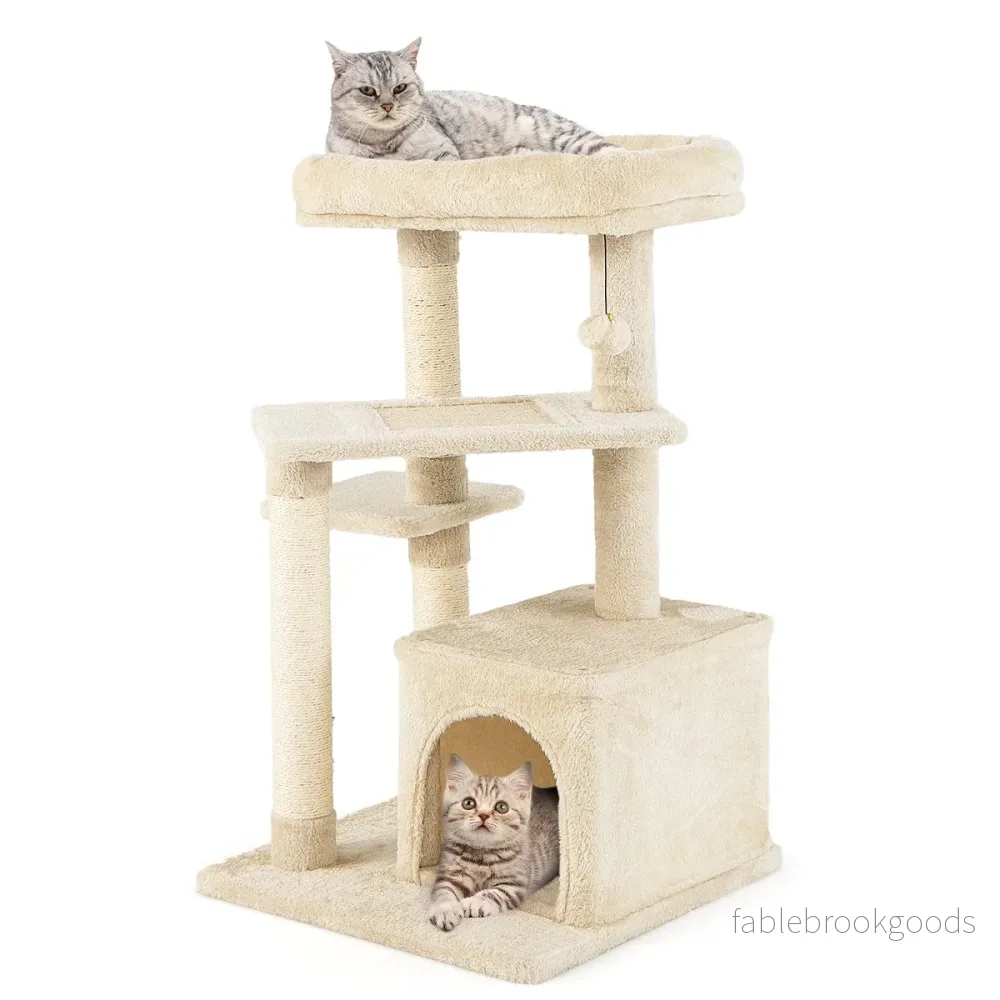 Kattställning – Liten Kattträd med Kattgrotta och mjuk Sittplats – 85 cm – Beige