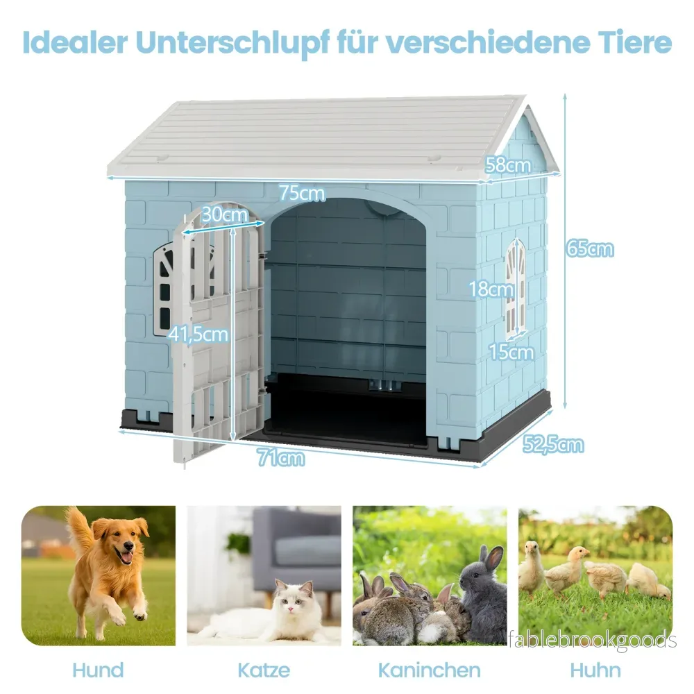 Hundkoja – i plast väderbeständig hundhus med låsbar dörr, fönster och snedtak för små hundar katter – 3 – Blå - Bild 2