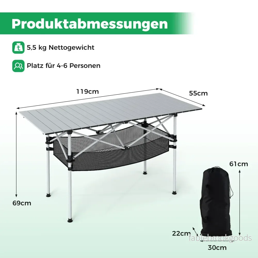 Fällbar – campingbord för terrass, bärbart picknickbord med rullbar aluminiumskiva och nätkorg i – . – Silver - Bild 2