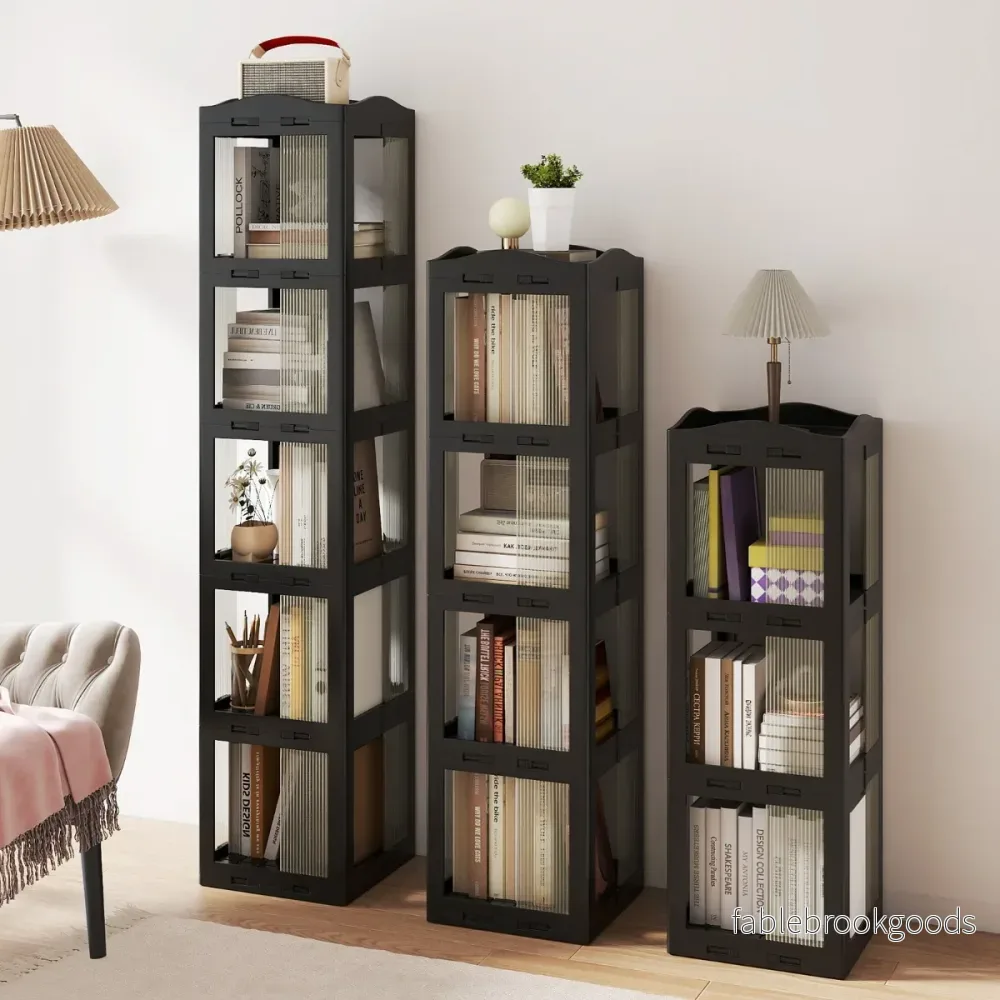 360° – Svängbar Bokhylla Ihopfällbar Ställhylla Transparent Kontorshylla – 36.5 x 36 x 174 cm – Svart - Bild 3