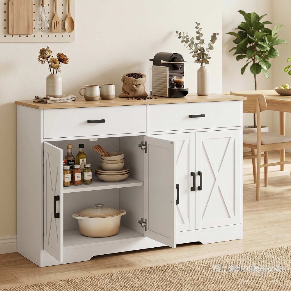 Skänk i lantlig stil, buffé, 140 cm, 2 lådor, vit - Bild 2