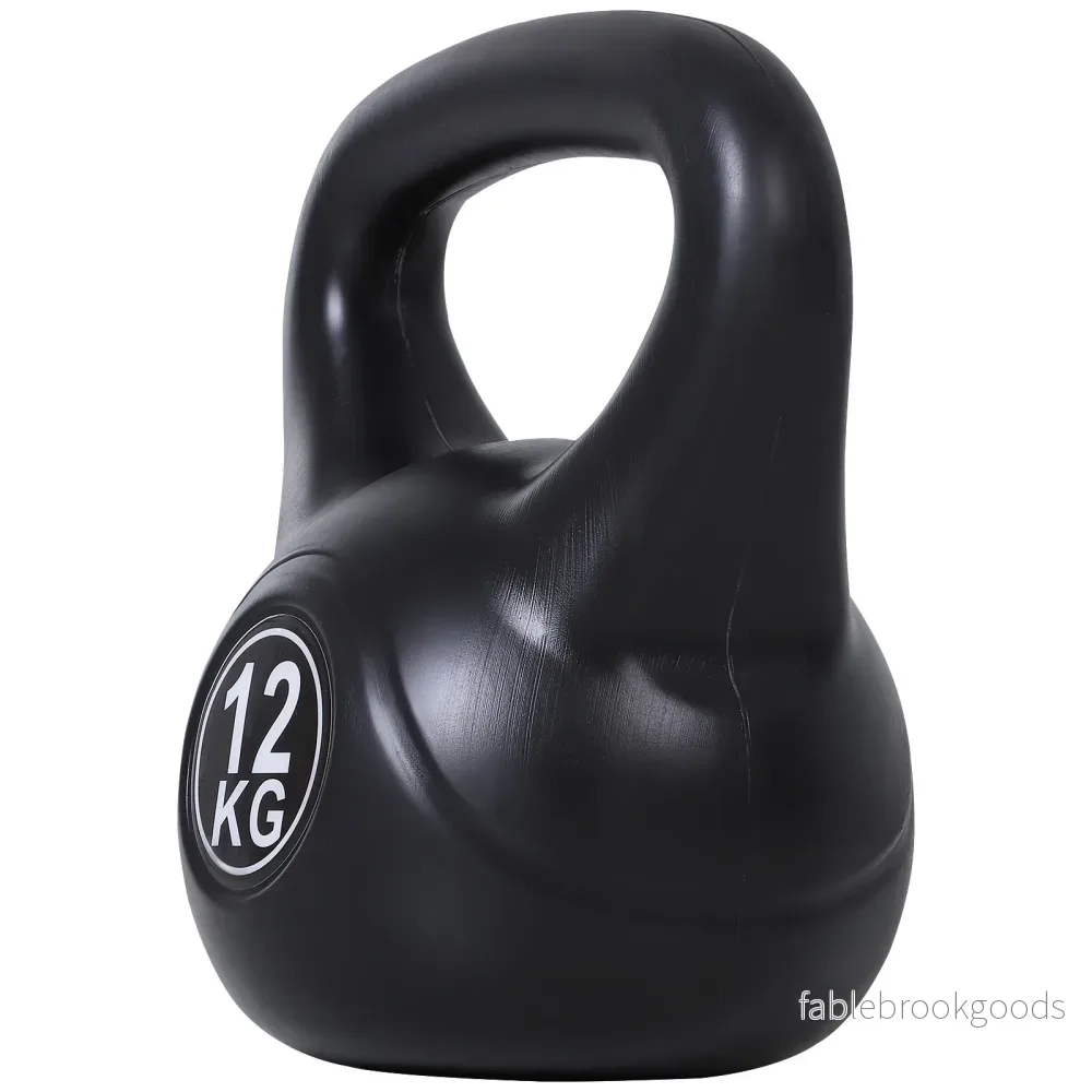 12 kg sandfylld kettlebell, svart, plast, nybörjarvänlig