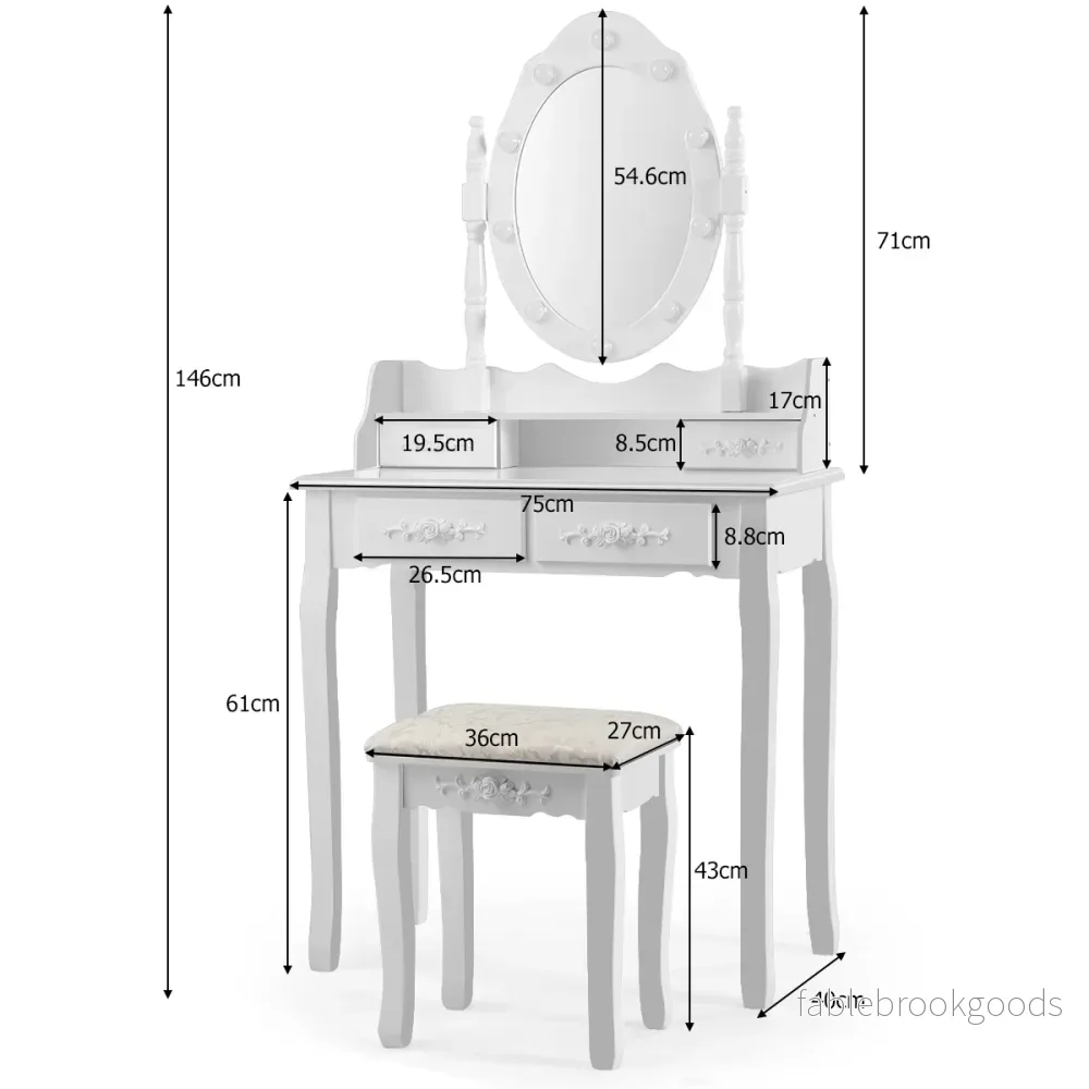 Klassiskt – sminkbordsset med pall LED lampor Kosmetikbord – 75 x 40 x 146 cm - Bild 3