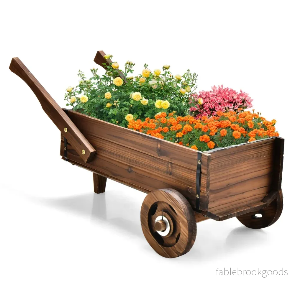 Växtvagn – Dekorativ blomstervagn med hjul – 81 x 40 x 38,5 cm – Rustik brun - Bild 2