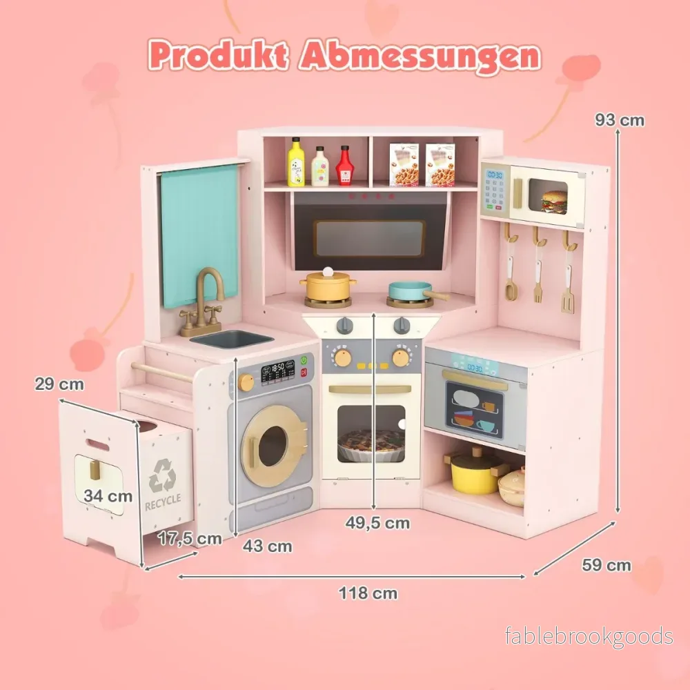 Hörnkök – med ljus och ljud Träkök utdragbar soptunna Gardin Diskho Spis Mikrovågsugn – Rosa - Bild 2