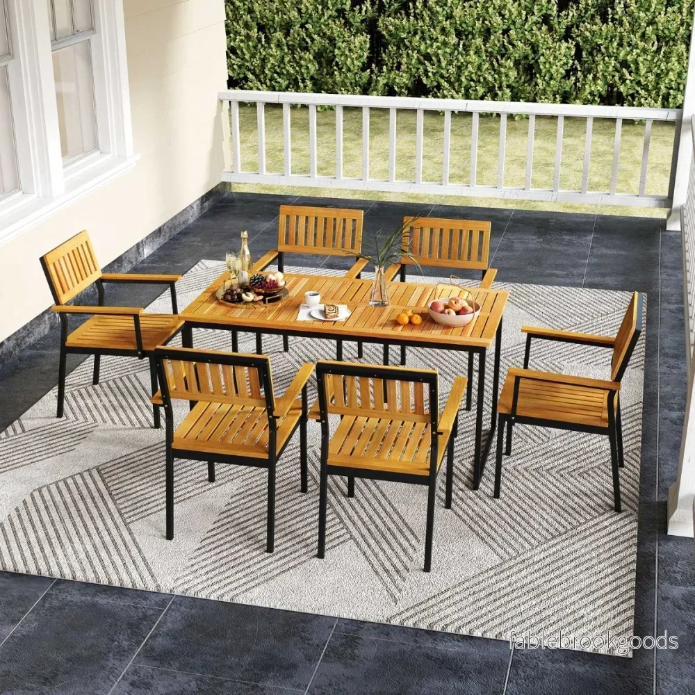 Akacieträds – matbord för personer rektangulärt terrassbord med ribbotten metallram och parasollhål – 6 140 x 70 x 70 cm – Natur - Bild 3