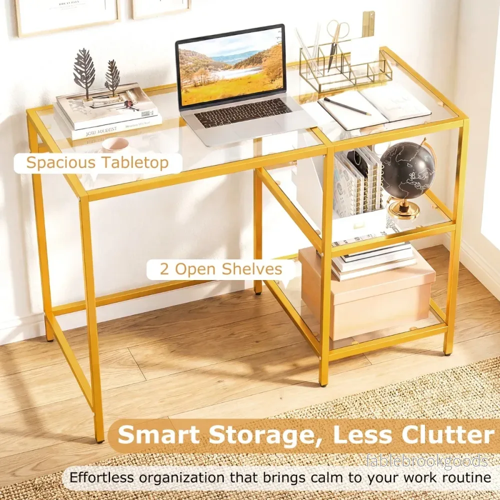 Skrivbord – Datortisch med härdat glasplatydd Skyddsglasställ Gyllen – Guld - Bild 3