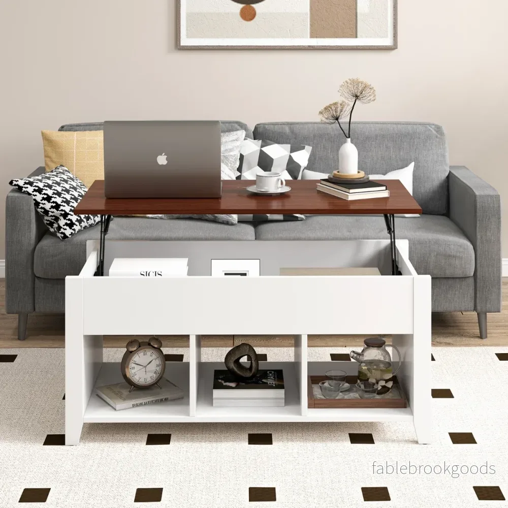 Soffbord – med lyftplatta förvaringsutrymme och öppna hyllor höjdjusterbar – 3 104,5 x 49 x 48-62,5 cm – Vit - Bild 3
