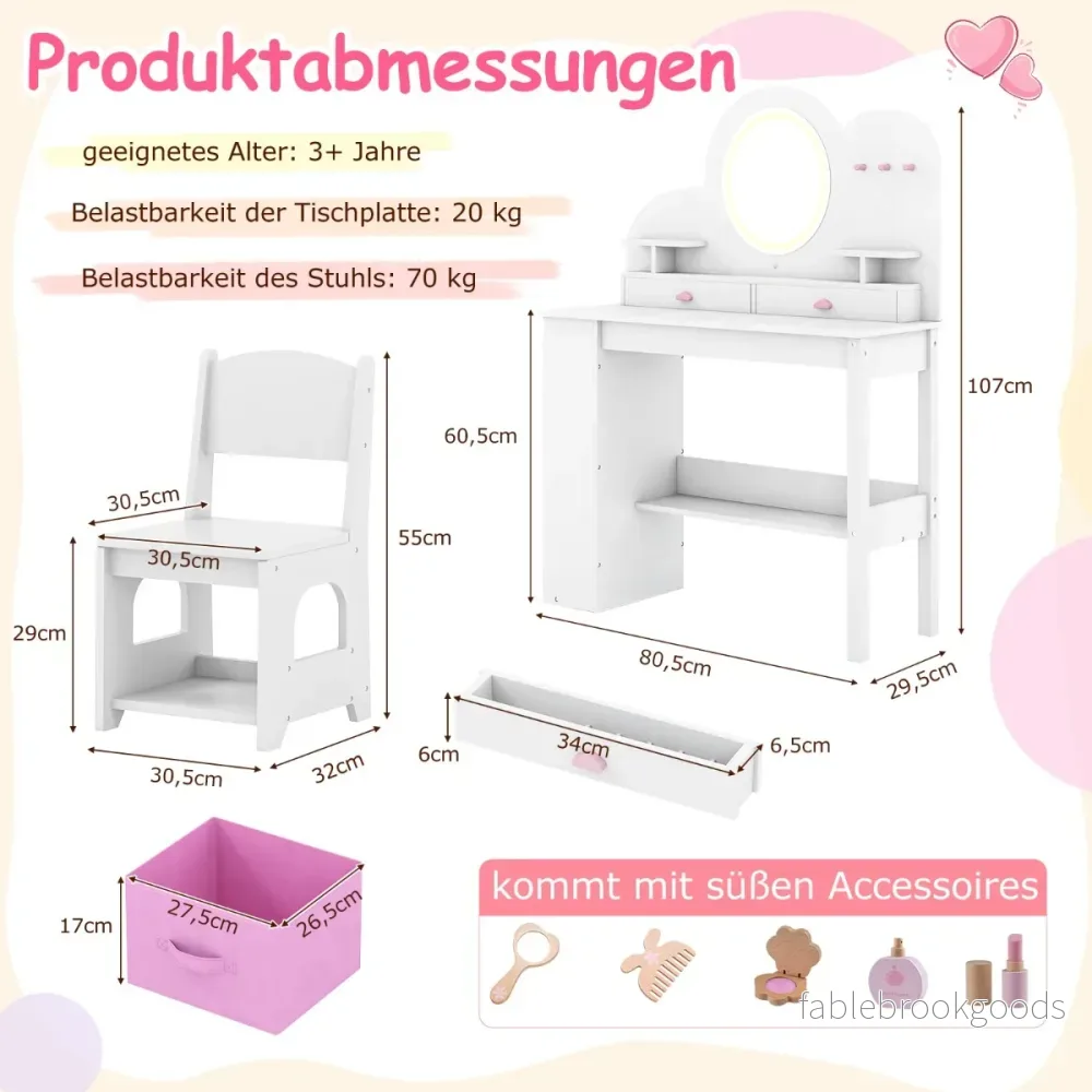 Barnsminkbord – med belysning Prinsessans frisörbord och stolsset lådor Vitt – 2 – Vit - Bild 2