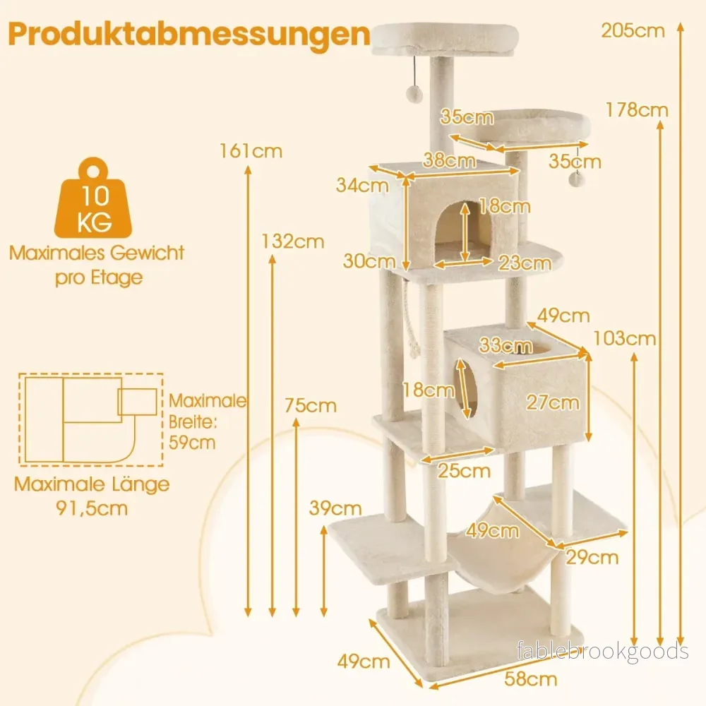 Stor – klösstång, flerstegs med grottor, liggytor, sisal klösstolpe – 2 2 205 cm – Beige - Bild 2
